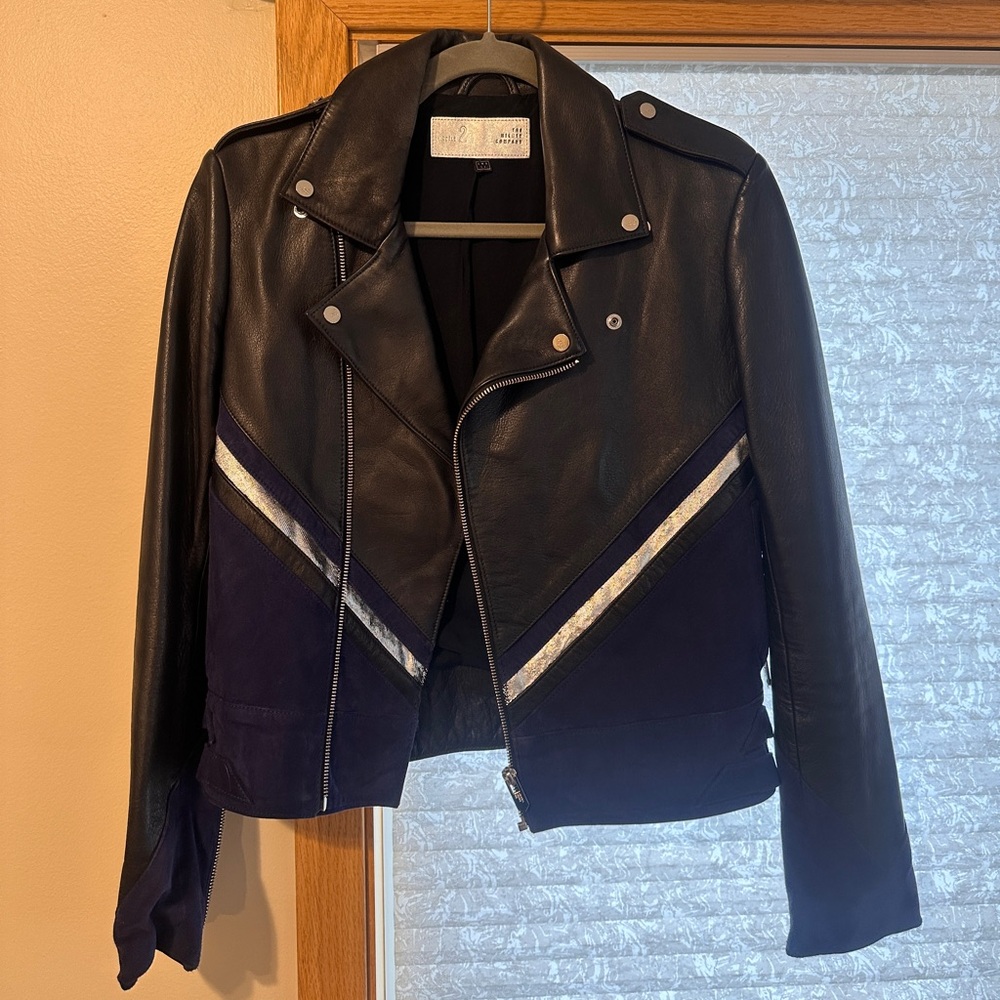 Th Mighty Company leather jacket with navy suede and metallic detail